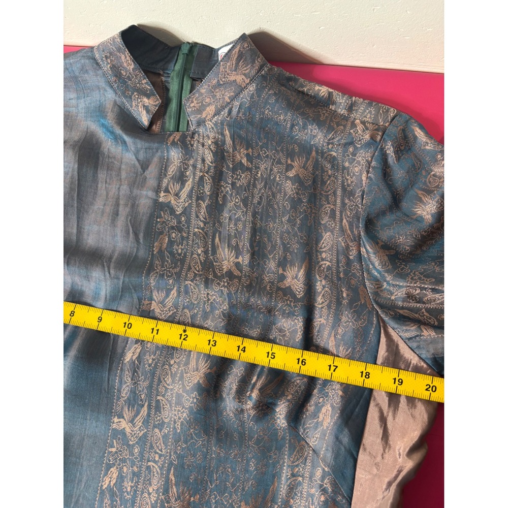 KENLY SILK Blue Bronze Brocade Vietnamese Ao Dai Maxi Dress L Frog Buttons Luxe - Picture 4 of 12